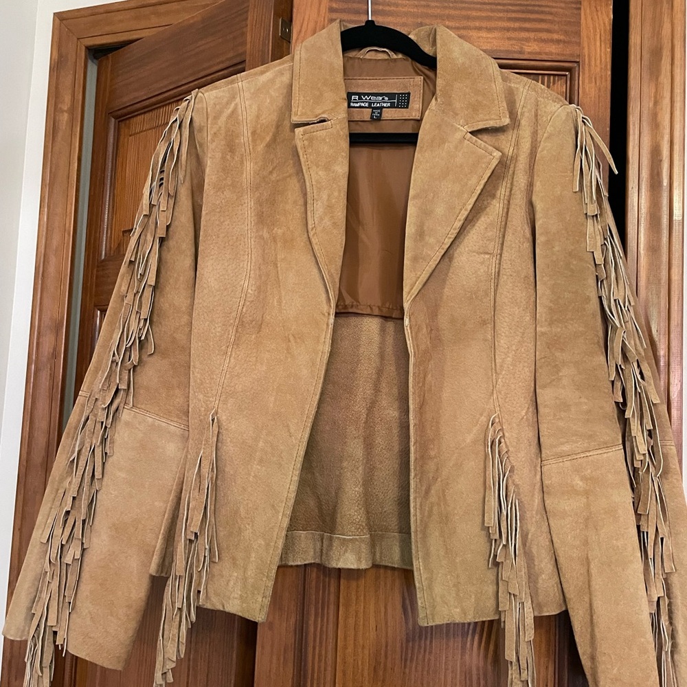 Tag listed as Large, light brown. leather fringed jacket